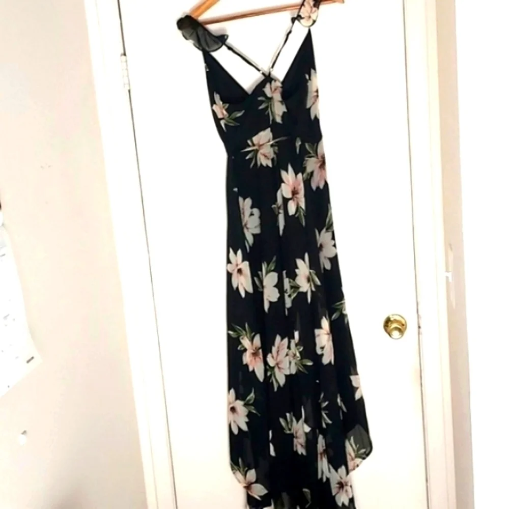 Lulus All Mine Dress Floral Wrap Maxi Dress High-Low Black Size XS